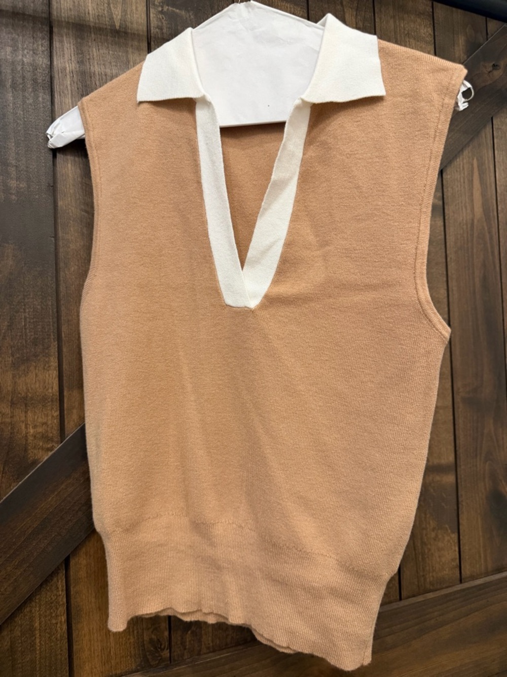 Sleeveless V-Neck Knit Top with Contrasting Collar - Camel/White. Lulus
